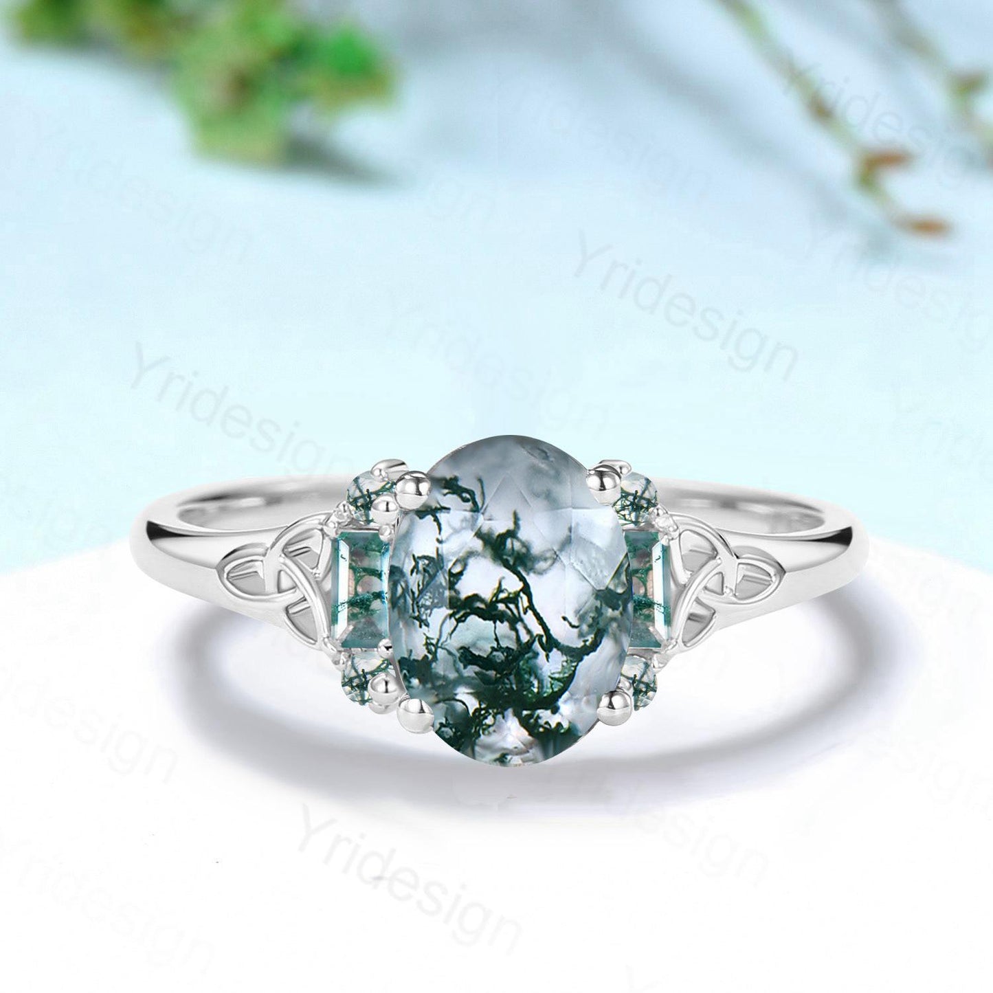 Unique Celtic Knot Oval Cut Natural Moss Agate Engagement Ring Unique Norse Viking Cluster Baguette Amethyst Wedding Ring Anniversary gifts - PENFINE