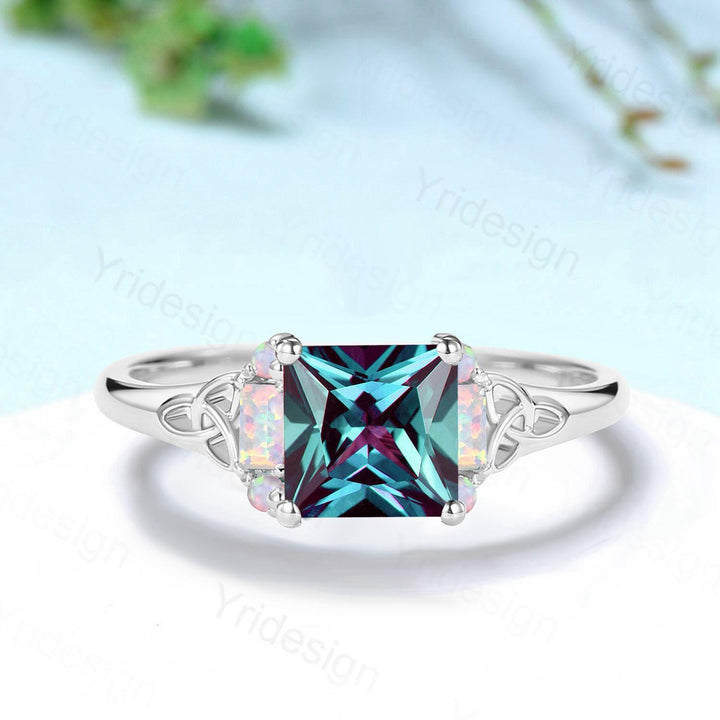 Unique Celtic Knot Princess Cut Alexandrite Engagement Ring Norse Viking Cluster Baguette Opal Alexandrite Wedding Ring Anniversary gifts - PENFINE