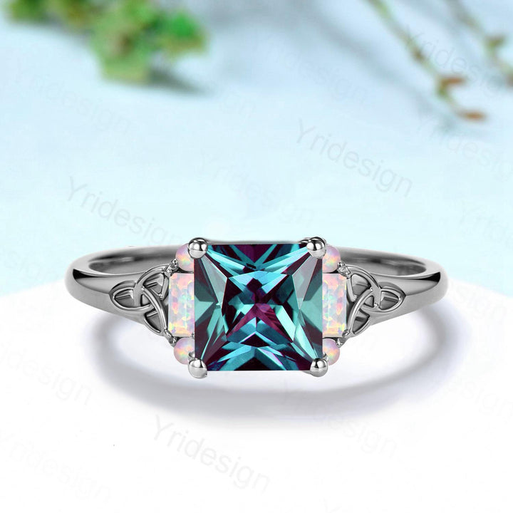 Unique Celtic Knot Princess Cut Alexandrite Engagement Ring Norse Viking Cluster Baguette Opal Alexandrite Wedding Ring Anniversary gifts - PENFINE