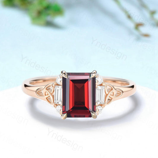 Celtic Knot Emerald Cut Garnet Engagement Ring Norse Viking Cluster Baguette Moissanite Wedding Ring January Birthstone Anniversary gifts - PENFINE