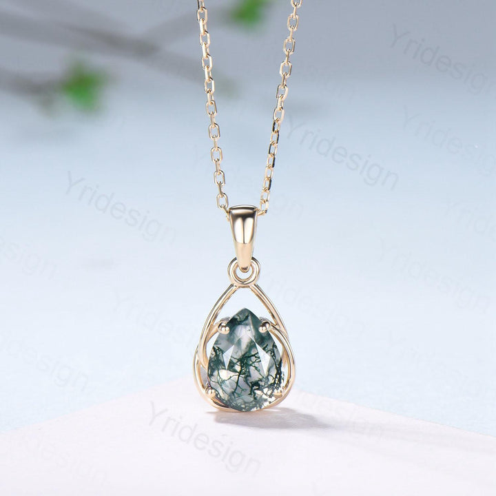 Celtic Knot Pear shaped natural moss agate necklace solid 14k 18k yellow gold vintage unique Personalized pendant promise anniversary gift - PENFINE