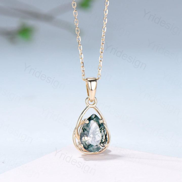 Celtic Knot Pear shaped natural moss agate necklace solid 14k 18k yellow gold vintage unique Personalized pendant promise anniversary gift - PENFINE
