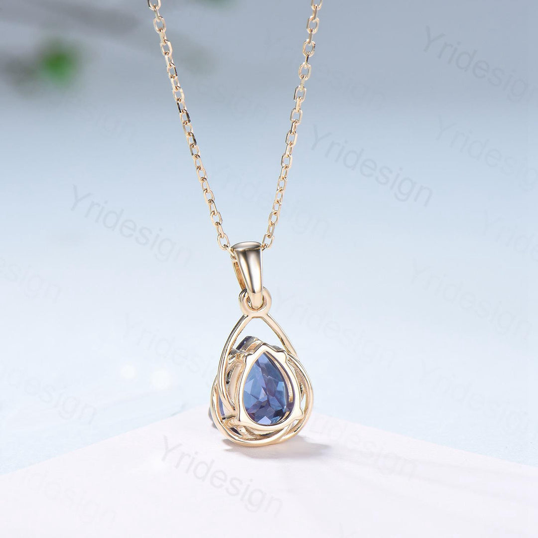 Celtic Knot Pear shaped natural moss agate necklace solid 14k 18k yellow gold vintage unique Personalized pendant promise anniversary gift - PENFINE