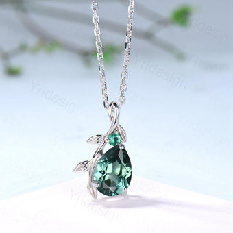 Natural Inspired Green Sapphire Necklace leaf vine branch Teal Sapphire necklace elegant twisted emerald pendant anniversary gifts for mom - PENFINE