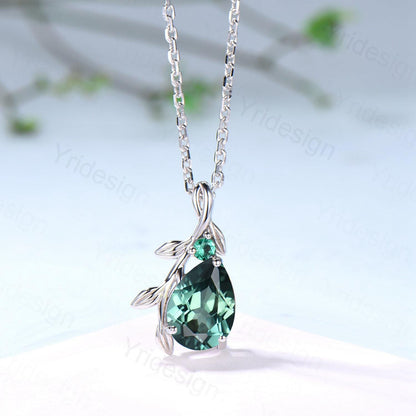 Natural Inspired Green Sapphire Necklace leaf vine branch Teal Sapphire necklace elegant twisted emerald pendant anniversary gifts for mom - PENFINE