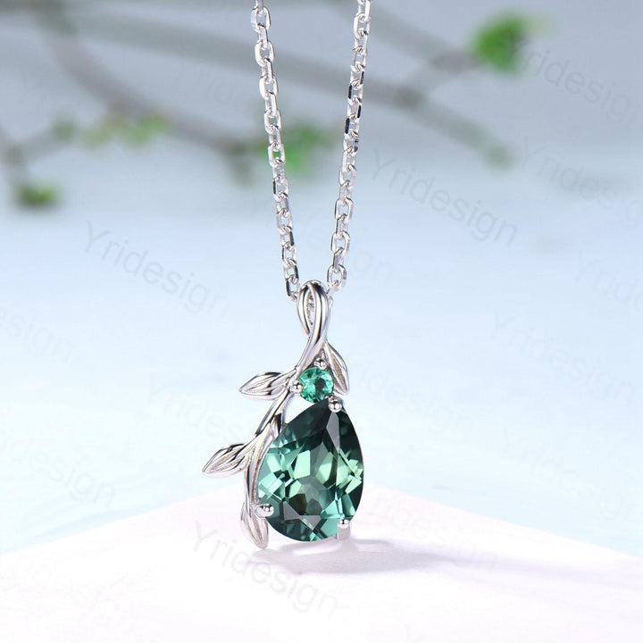 Natural Inspired Green Sapphire Necklace leaf vine branch Teal Sapphire necklace elegant twisted emerald pendant anniversary gifts for mom - PENFINE