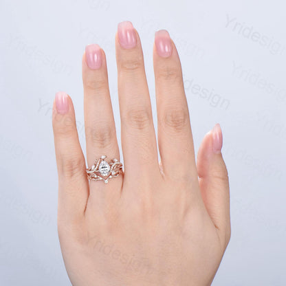 Vintage Pear Diamond Engagement Ring Set Nature Inspired Moissanite Wedding Ring Set 14k Rose Gold 2pcs Snake CVD Diamond Bridal Set Women - PENFINE