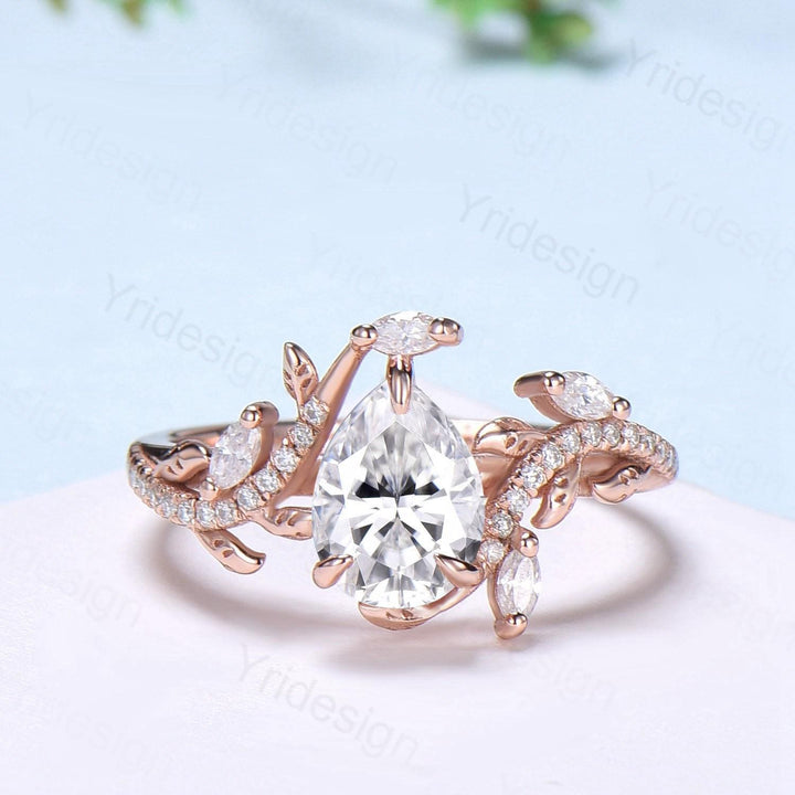 Vintage Pear Diamond Engagement Ring Set Nature Inspired Moissanite Wedding Ring Set 14k Rose Gold 2pcs Snake CVD Diamond Bridal Set Women - PENFINE
