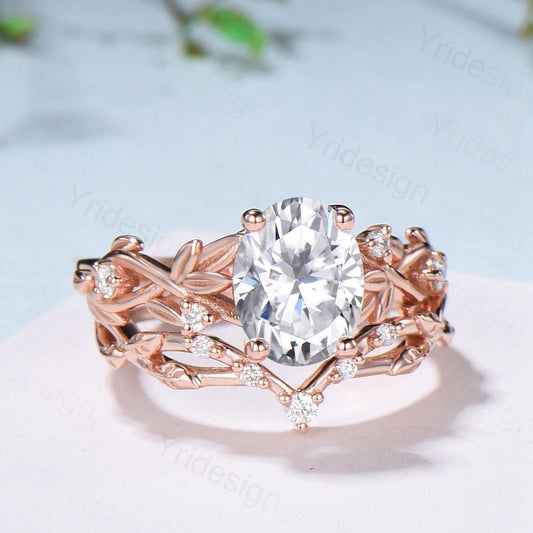 Nature Inspired Oval Diamond Engagement Ring Split Shank CVD Diamond Bridal Ring Set Unique Leaf Vine Moissanite Wedding Ring Set for Her - PENFINE
