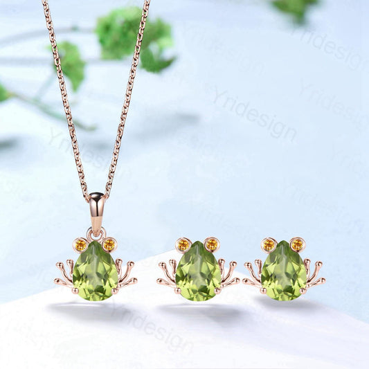 Unique Frog Necklace and Earrings Pear Shaped Natural Peridot Citrine Fine Jewelry Animal Inspired Silver Rose Gold Amphibian Wedding Set - PENFINE
