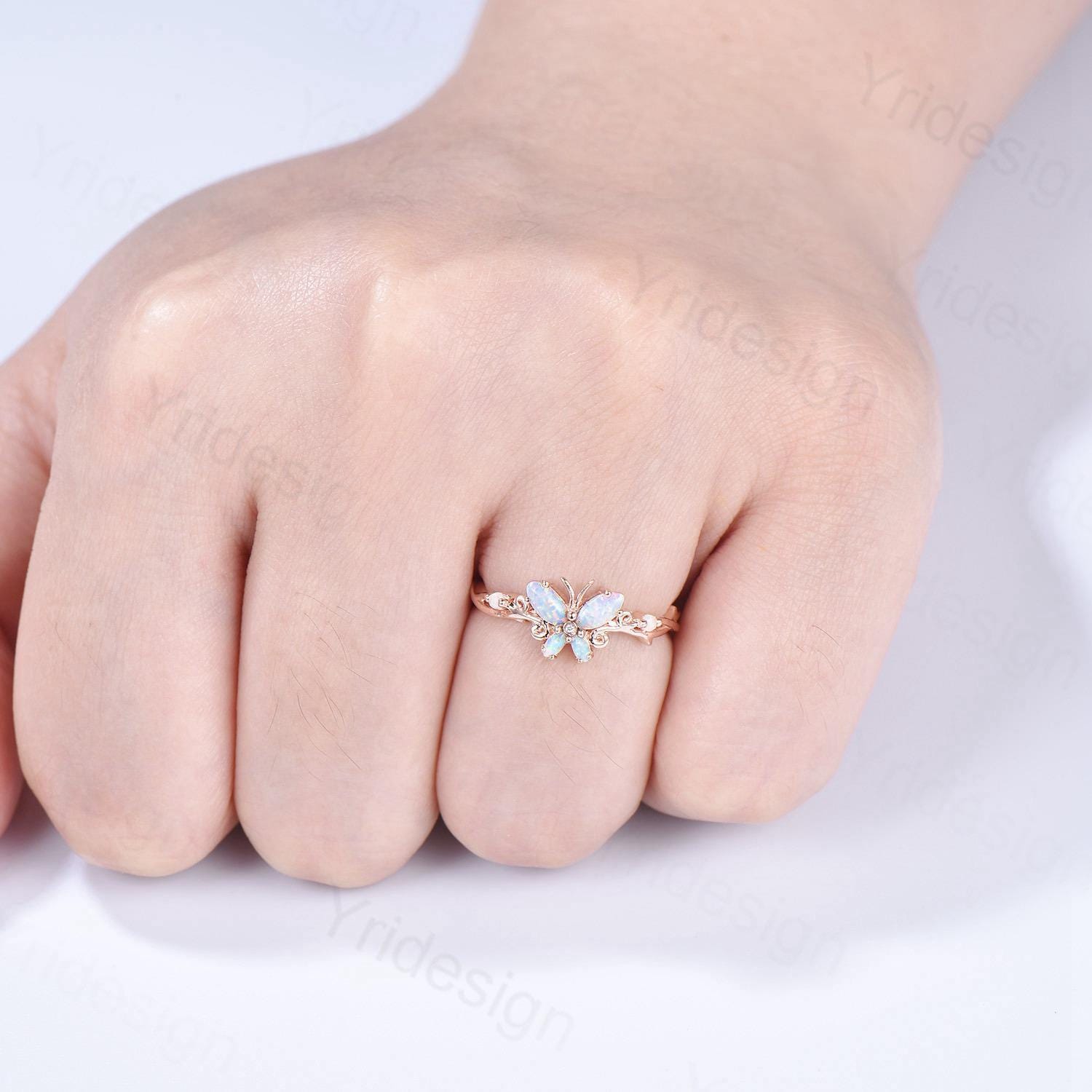 Dainty Butterfly fire opal wedding ring vintage marquise white opal engagement ring silver 14k rose gold custom anniversary gift  for women - PENFINE