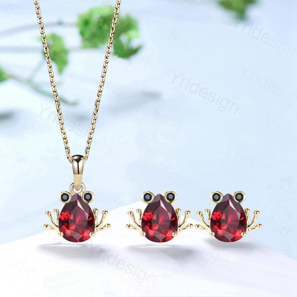 Handmade Rose Gold Garnet Frog Necklace & Spinel Earrings Set - PENFINE