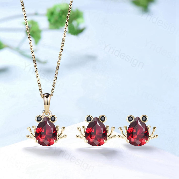 Handmade Rose Gold Garnet Frog Necklace & Spinel Earrings Set - PENFINE