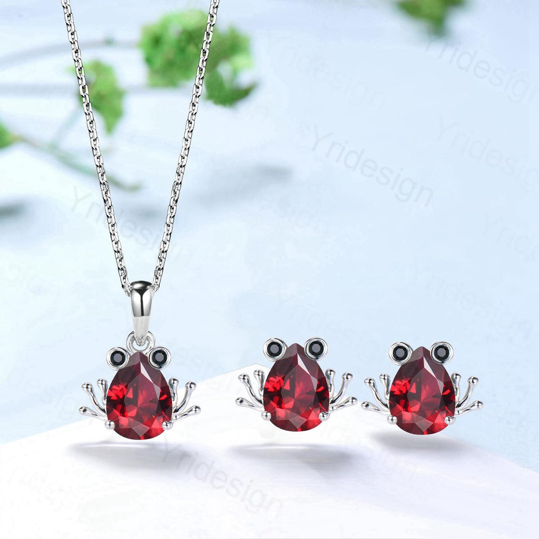 Handmade Rose Gold Garnet Frog Necklace & Spinel Earrings Set - PENFINE