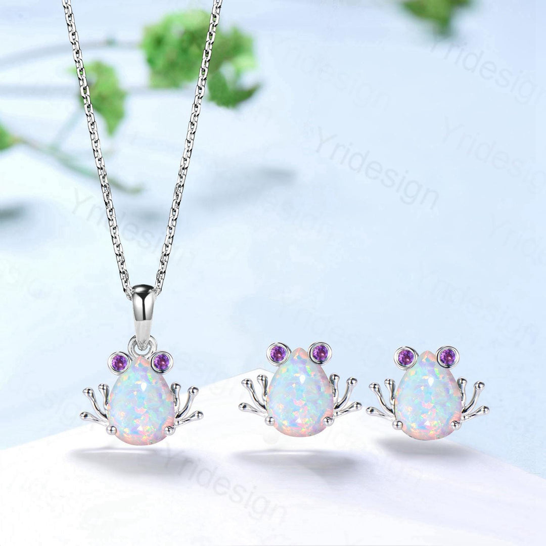 Unique Pear Shaped White Opal Frog Necklace Animal Inspired Frog Opal Amethyst Earring Silver Rose Gold Cute Amphibian Jewelry Wedding Set - PENFINE