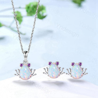 Unique Pear Shaped White Opal Frog Necklace Animal Inspired Frog Opal Amethyst Earring Silver Rose Gold Cute Amphibian Jewelry Wedding Set - PENFINE