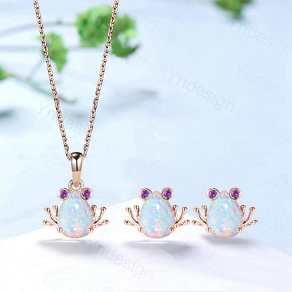 Unique Pear Shaped White Opal Frog Necklace Animal Inspired Frog Opal Amethyst Earring Silver Rose Gold Cute Amphibian Jewelry Wedding Set - PENFINE
