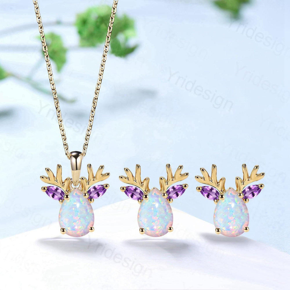 Elegant Pear Cut White Opal Antler Necklace Animal Inspired Marquise Amethyst Opal Earring Silver Rose Gold Deer Antler Jewelry - PENFINE
