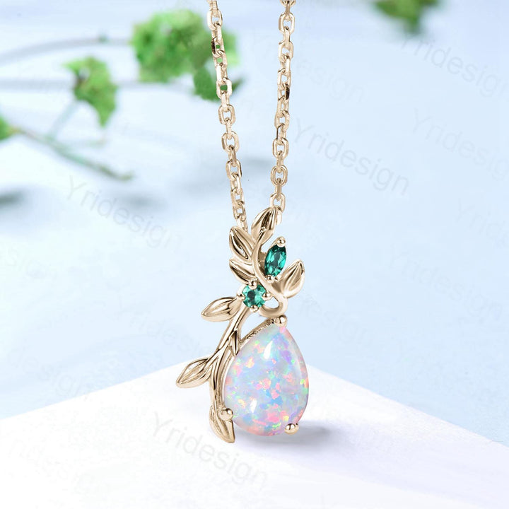 Elegant Pear Shaped White Opal Pendant Necklace fire opal leaf branch necklace Twisted nature inspired October birthstone anniversary gifts - PENFINE