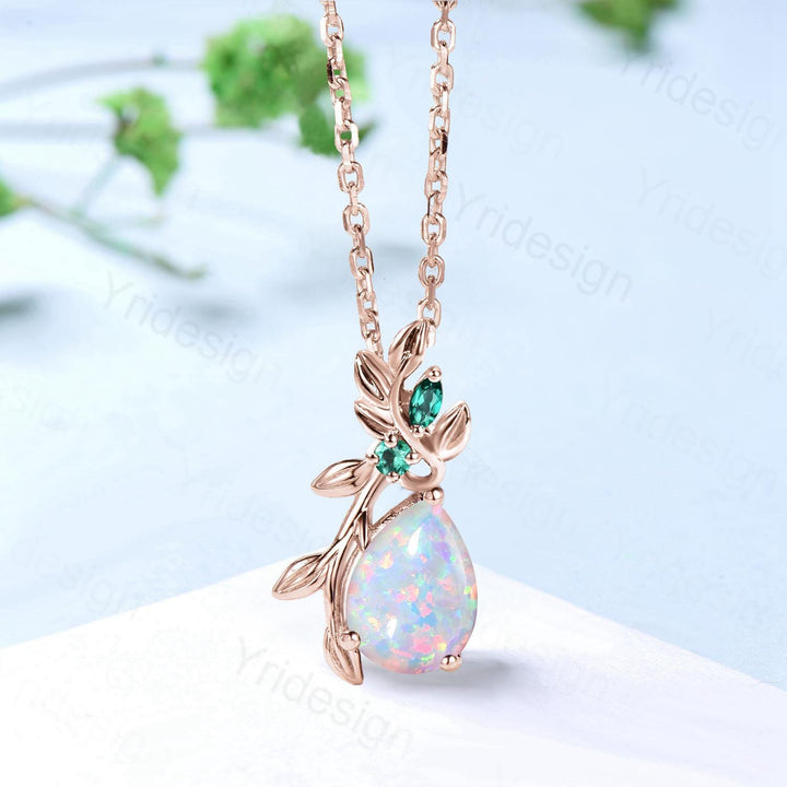 Elegant Pear Shaped White Opal Pendant Necklace fire opal leaf branch necklace Twisted nature inspired October birthstone anniversary gifts - PENFINE