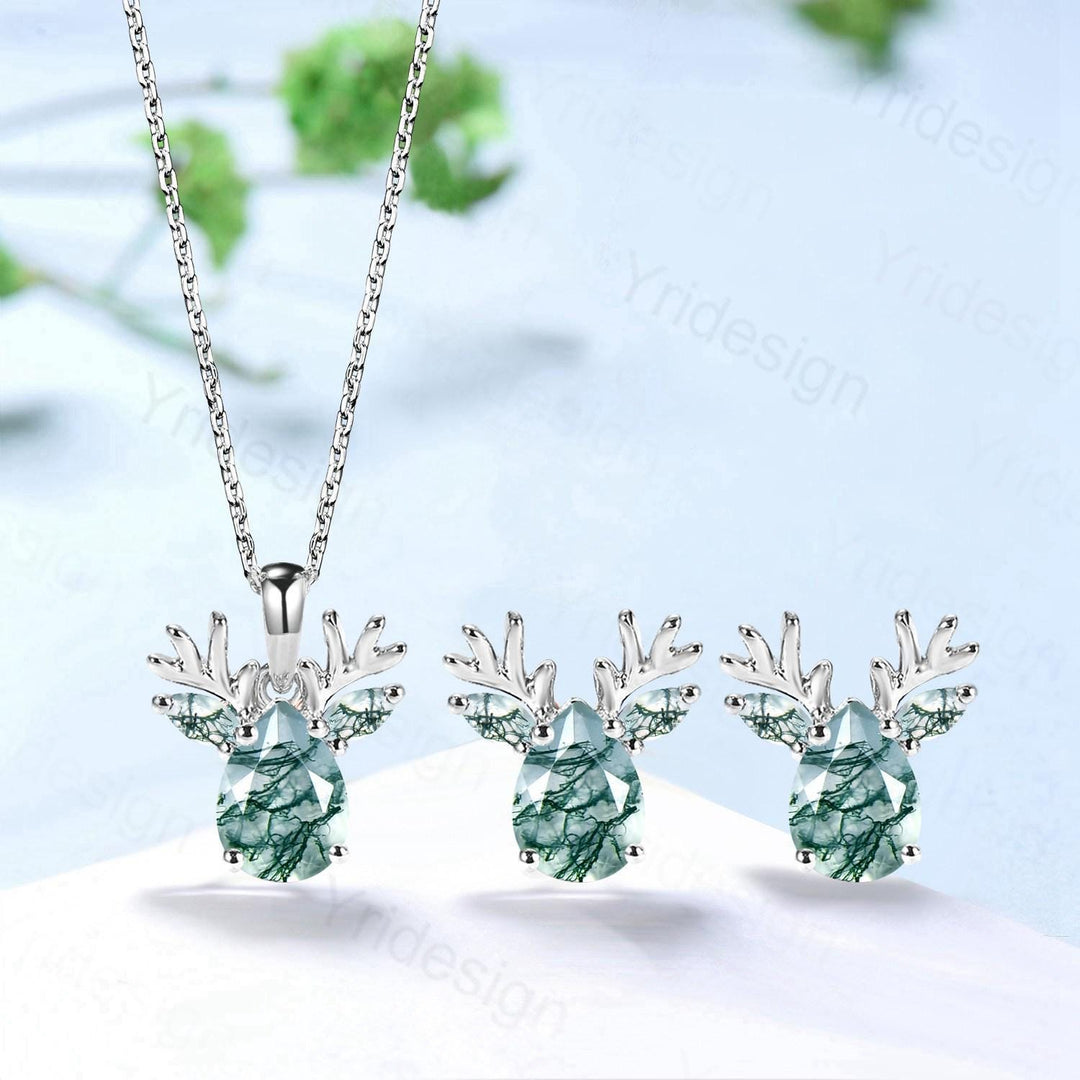 Elegant Pear Shaped Natural Moss Agate Antler Necklace Animal Inspired Marquise Agate Earring Silver Rose Gold Deer Antler Jewelry for Her - PENFINE
