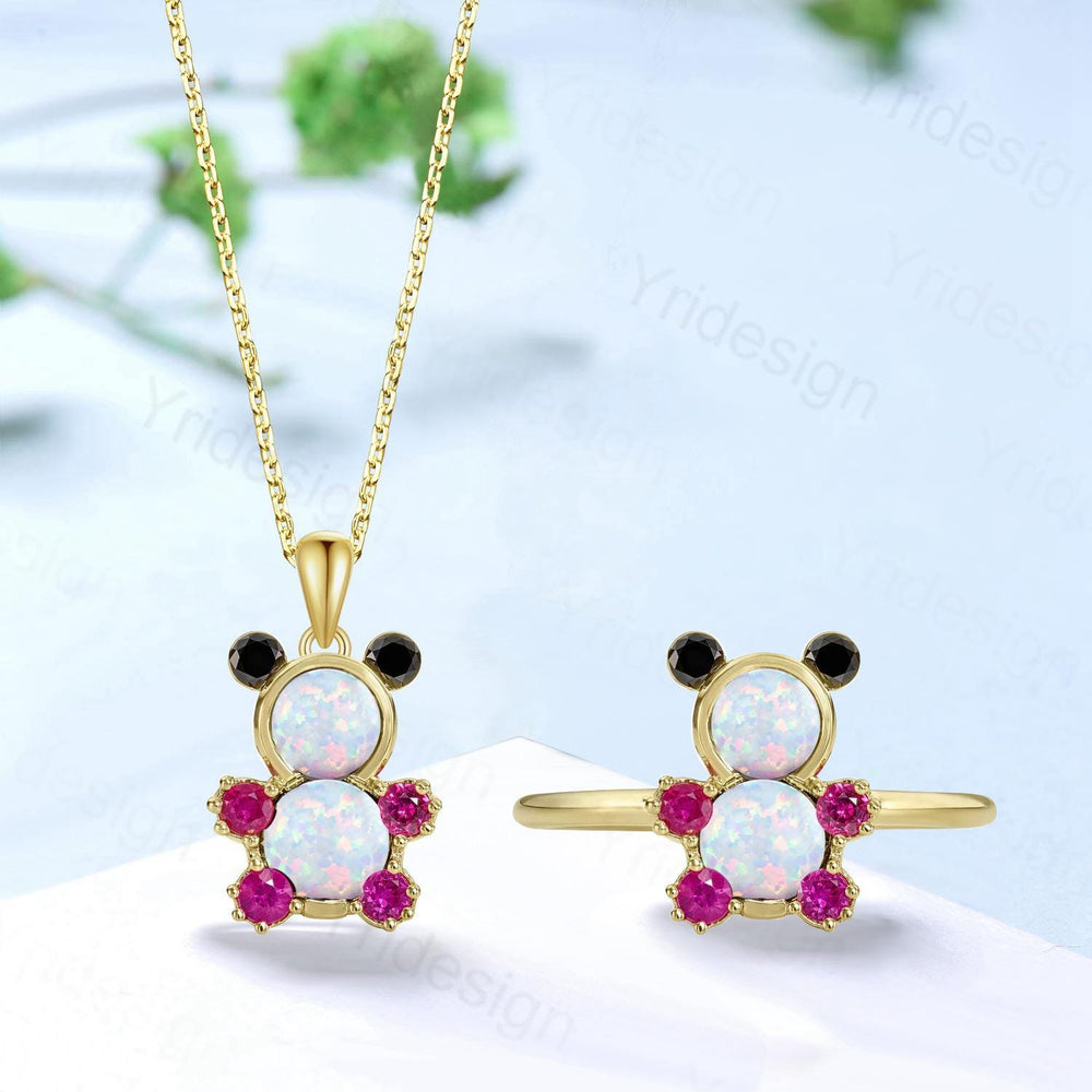 Unique Teddy Bear Jewelry white opal engagement ring and opal necklace cluster ruby animal inspired unique delicate bridal ring set gift - PENFINE
