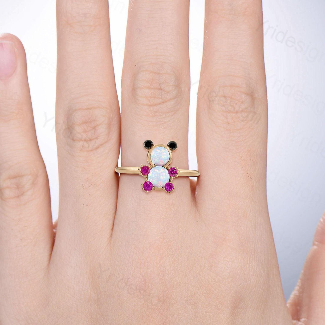 Unique Teddy Bear Jewelry white opal engagement ring and opal necklace cluster ruby animal inspired unique delicate bridal ring set gift - PENFINE