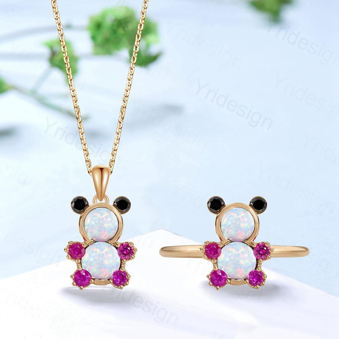 Unique Teddy Bear Jewelry white opal engagement ring and opal necklace cluster ruby animal inspired unique delicate bridal ring set gift - PENFINE