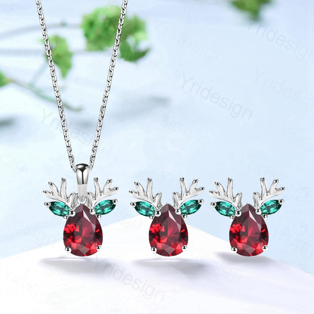 Elegant Pear Cut Red Ruby Antler Necklace Animal Inspired Dainty Marquise Emerald Earring Rose Gold Deer Antler July Birthstone Jewelry - PENFINE