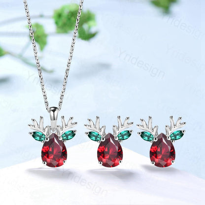 Elegant Pear Cut Red Ruby Antler Necklace Animal Inspired Dainty Marquise Emerald Earring Rose Gold Deer Antler July Birthstone Jewelry - PENFINE