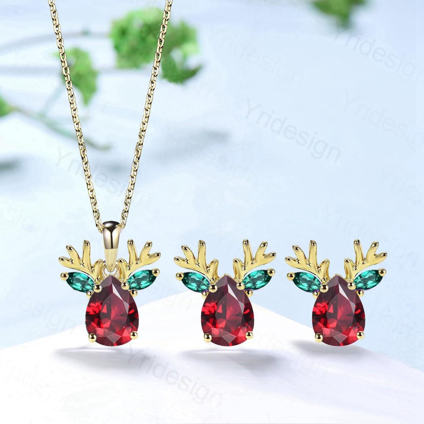 Elegant Pear Cut Red Ruby Antler Necklace Animal Inspired Dainty Marquise Emerald Earring Rose Gold Deer Antler July Birthstone Jewelry - PENFINE
