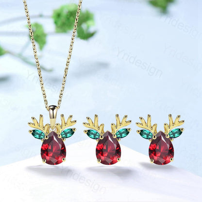 Elegant Pear Cut Red Ruby Antler Necklace Animal Inspired Dainty Marquise Emerald Earring Rose Gold Deer Antler July Birthstone Jewelry - PENFINE