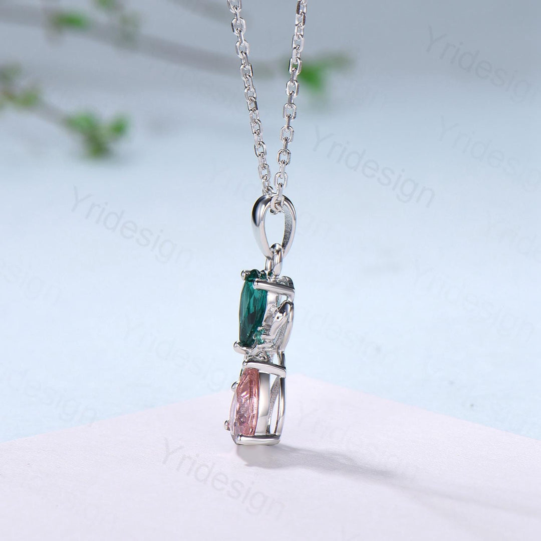 Nature Inspired Pink Tourmaline Emerald Pendant Necklace Women Unique Alternative Moss Agate Necklace Branch Snake pear shaped leafy pendant - PENFINE