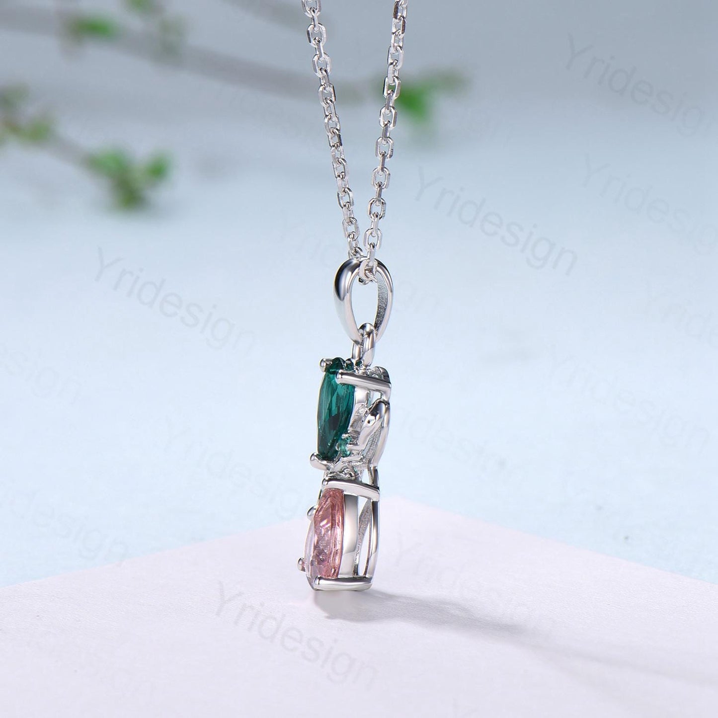 Nature Inspired Pink Tourmaline Emerald Pendant Necklace Women Unique Alternative Moss Agate Necklace Branch Snake pear shaped leafy pendant - PENFINE