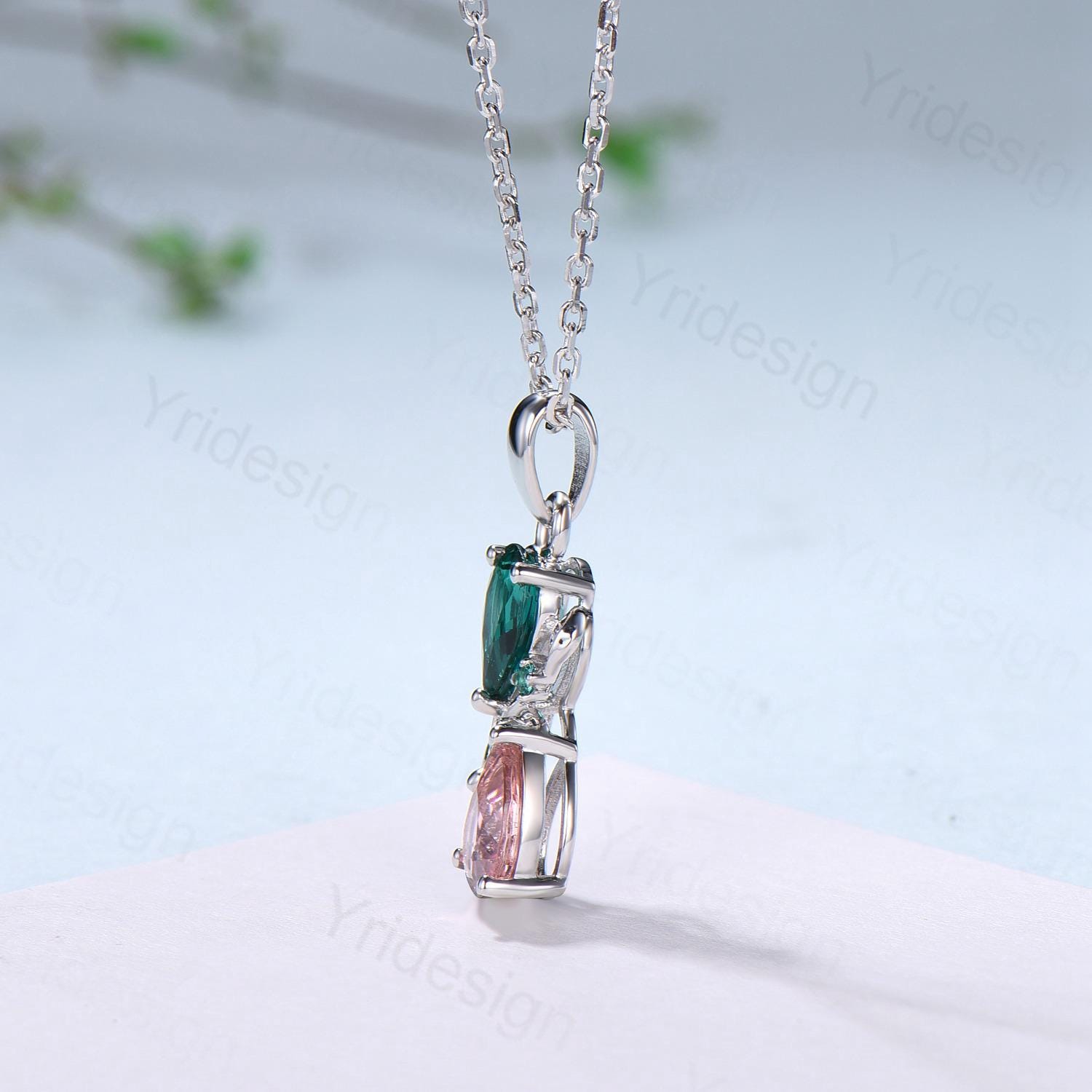 Nature Inspired Pink Tourmaline Emerald Pendant Necklace Women Unique Alternative Moss Agate Necklace Branch Snake pear shaped leafy pendant - PENFINE