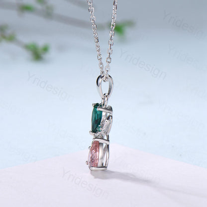 Nature Inspired Pink Tourmaline Emerald Pendant Necklace Women Unique Alternative Moss Agate Necklace Branch Snake pear shaped leafy pendant - PENFINE