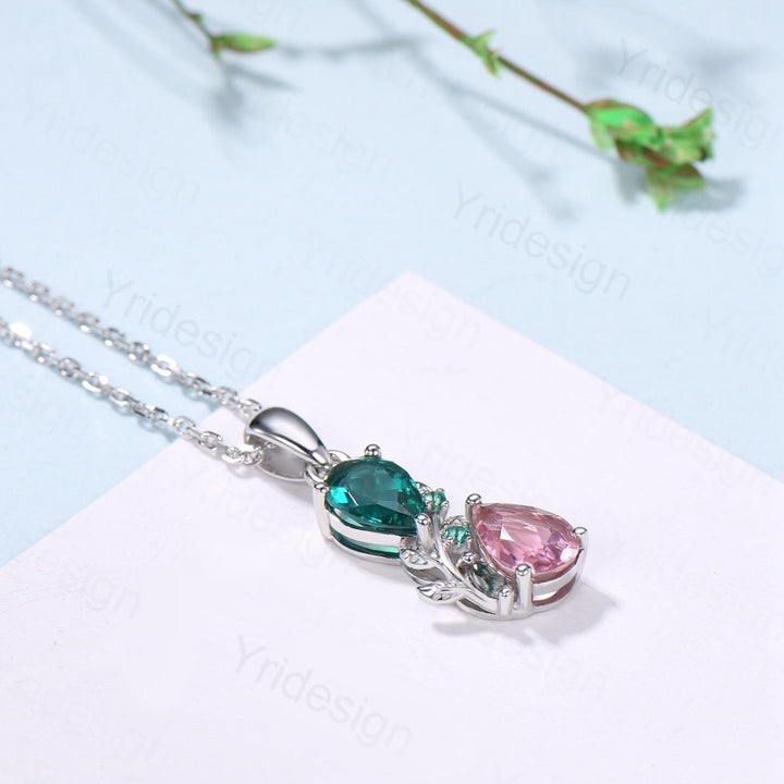 Nature Inspired Pink Tourmaline Emerald Pendant Necklace Women Unique Alternative Moss Agate Necklace Branch Snake pear shaped leafy pendant - PENFINE