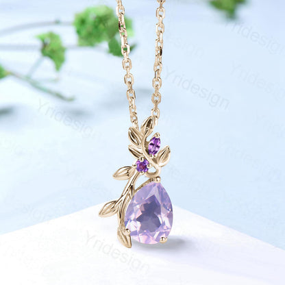 Elegant Pear Shaped Lavender Amethyst Pendant Necklace leaf branch necklace Twisted Nature inspired purple gemstone jewelry anniversary gift - PENFINE