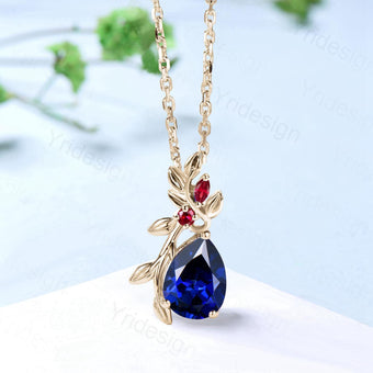 Elegant Pear Shaped Blue Sapphire Pendant Necklace leaf branch red ruby necklace Twisted nature inspired Sep birthstone anniversary gifts - PENFINE