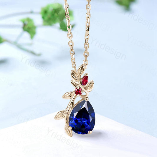 Elegant Pear Shaped Blue Sapphire Pendant Necklace leaf branch red ruby necklace Twisted nature inspired Sep birthstone anniversary gifts - PENFINE
