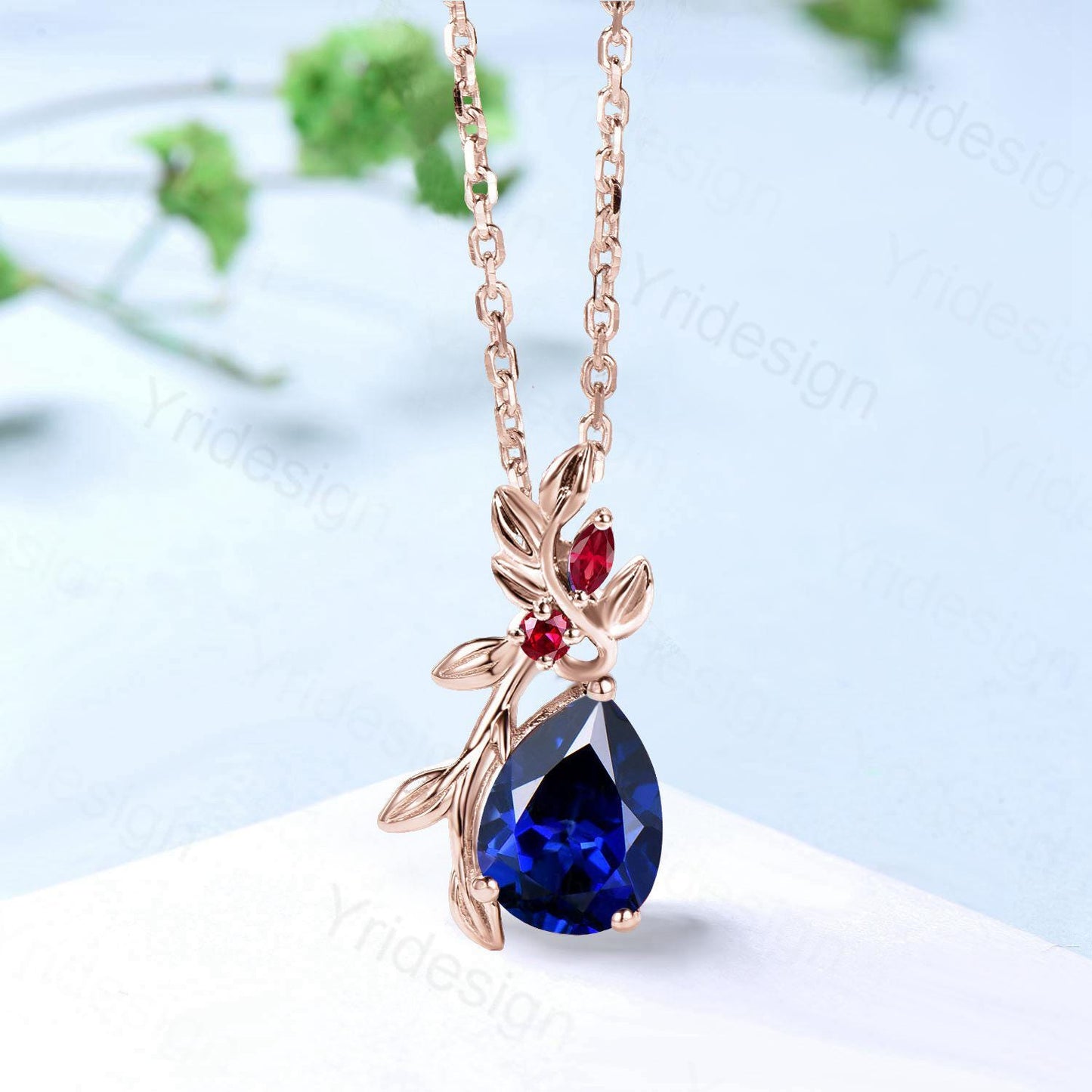Elegant Pear Shaped Blue Sapphire Pendant Necklace leaf branch red ruby necklace Twisted nature inspired Sep birthstone anniversary gifts - PENFINE