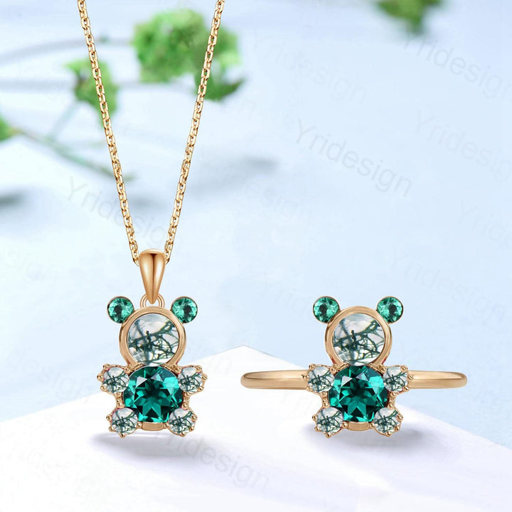 Dainty Teddy Bear Jewelry moss agate engagement ring and emerald necklace charm pendant animal inspired unique delicate bridal ring set gift - PENFINE