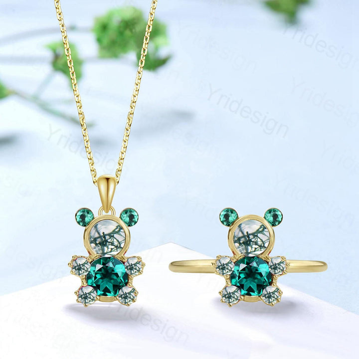 Dainty Teddy Bear Jewelry moss agate engagement ring and emerald necklace charm pendant animal inspired unique delicate bridal ring set gift - PENFINE