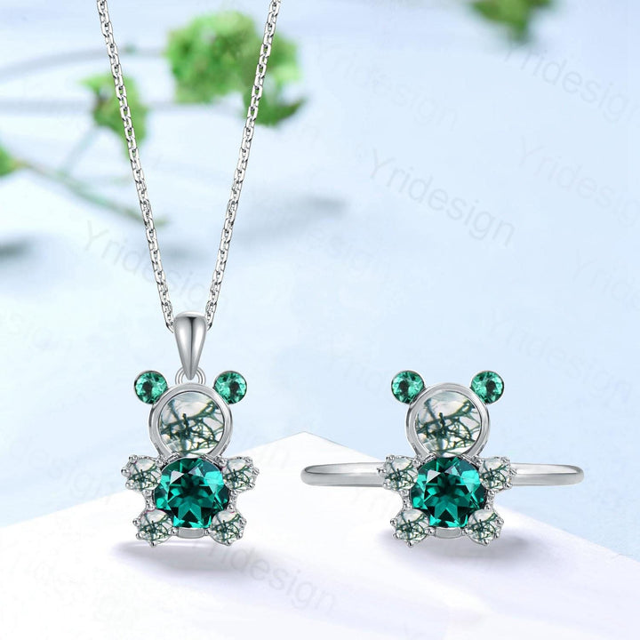 Dainty Teddy Bear Jewelry moss agate engagement ring and emerald necklace charm pendant animal inspired unique delicate bridal ring set gift - PENFINE
