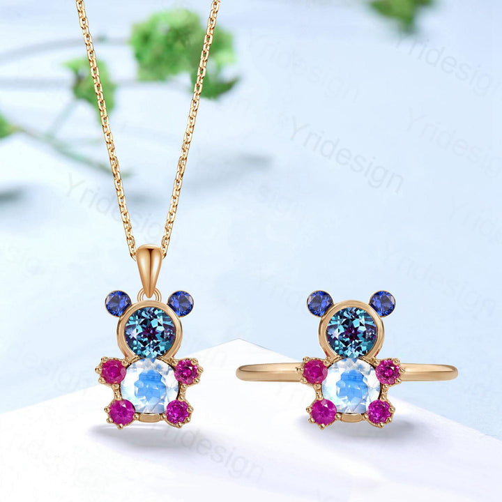 Unique Teddy Bear Jewelry alexandrite moonstone engagement ring pendant necklace cluster sapphire ruby delicate June birthstone wedding set - PENFINE