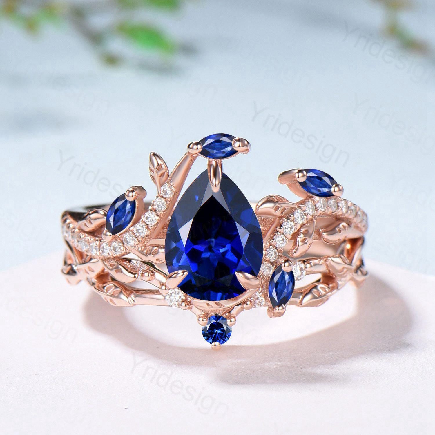 Nature Inspired Pear Shaped Blue Sapphire Engagement Ring Set Snake Marquise Sapphire Wedding Bridal Ring Set Twig Vine Promise Ring - PENFINE