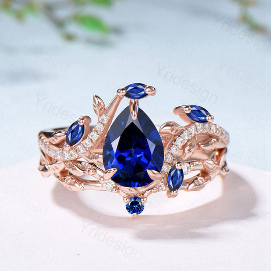 Nature Inspired Pear Shaped Blue Sapphire Engagement Ring Set Snake Marquise Sapphire Wedding Bridal Ring Set Twig Vine Promise Ring - PENFINE