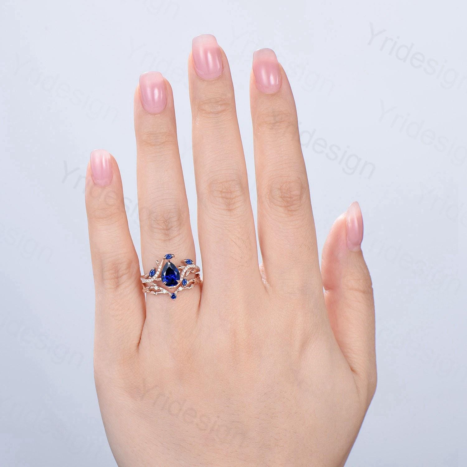 Nature Inspired Pear Shaped Blue Sapphire Engagement Ring Set Snake Marquise Sapphire Wedding Bridal Ring Set Twig Vine Promise Ring - PENFINE