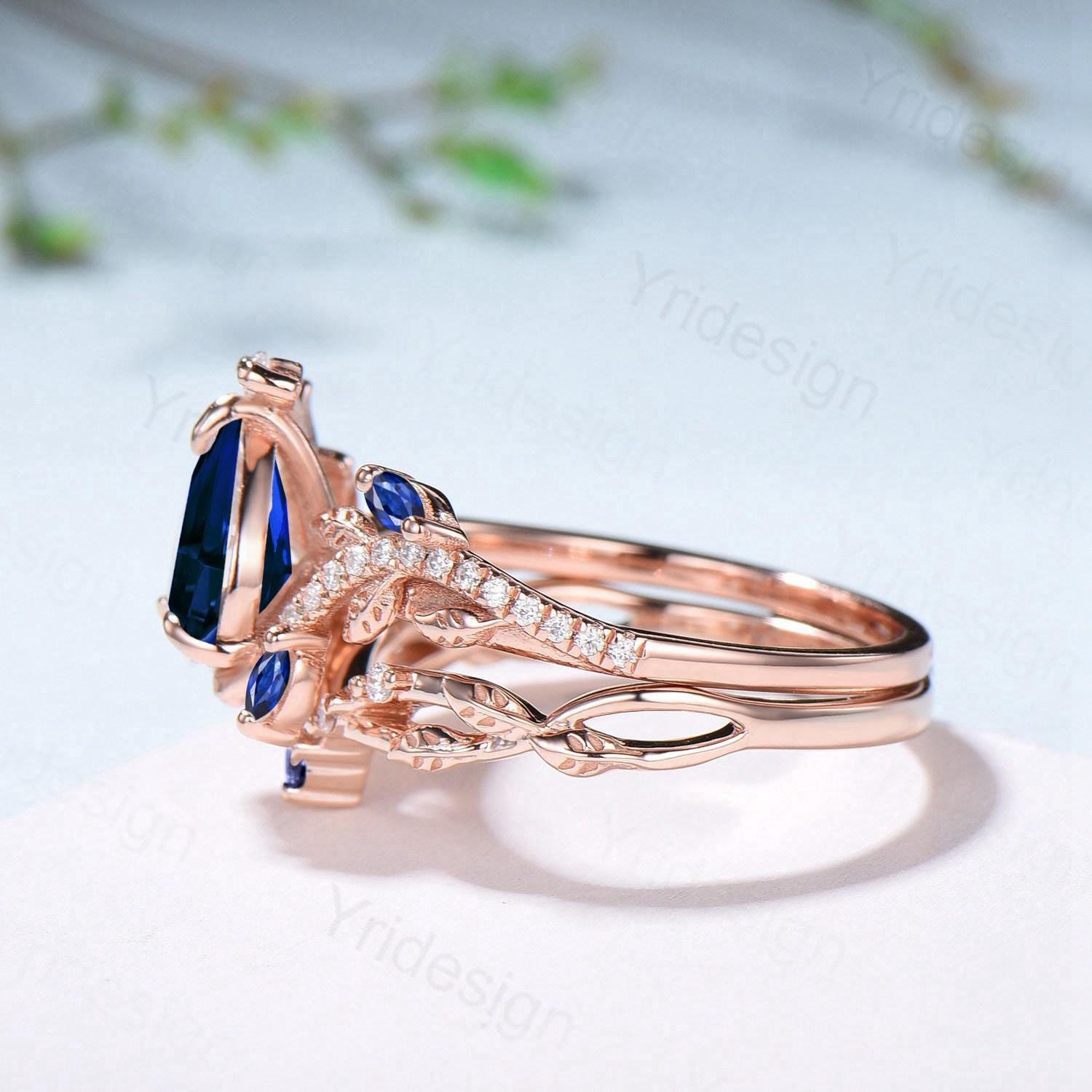 Nature Inspired Pear Shaped Blue Sapphire Engagement Ring Set Snake Marquise Sapphire Wedding Bridal Ring Set Twig Vine Promise Ring - PENFINE