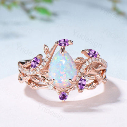 Vintage Pear Shaped White Fire Opal Engagement Ring Set Nature Inspired Snake Marqusie Opal Wedding Set 14K Rose Gold Amethyst Bridal Set - PENFINE